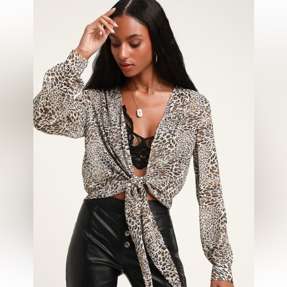 Lulu’s Vivaldi Taupe Leopard Print Sheer Tie-Front Top